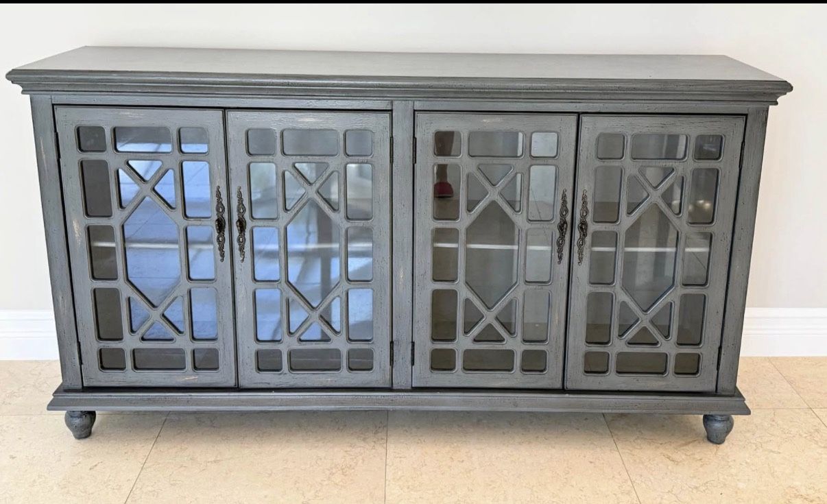Gray Distressed Sideboard / Media Console with Mirrored Doors