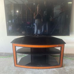 📺 BeelO Tempered Glass TV Stand – Modern Black & Wood Finish – 3 Shelves