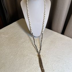Black & White Glass Necklace Gold Tone Tassel Pendant