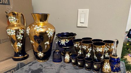 Vintage Bohemian Cobalt Blue & 24K Gold Glass Collection – Hand-Painted (18 Pieces)