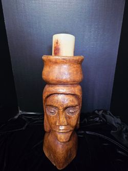 vintage, hand-carved wooden sculpture, likely of Jamaican or African folk art origin. 17" ×5.5"