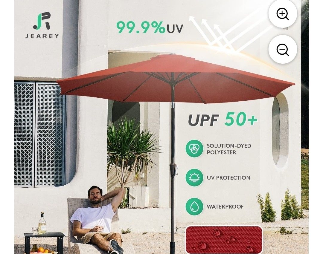 9FT Paraguas de Exterior para Patio, Parasol de Mesa para Exteriores con Botón Pulsador de Inclinación y Manivela, Rojo