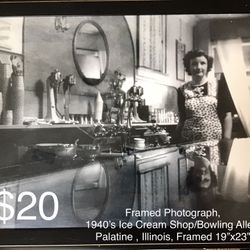 Framed Photograph, 1940’s Ice Cream Shop/Bowling Alley, Palatine , Illinois, Framed 19”x23”