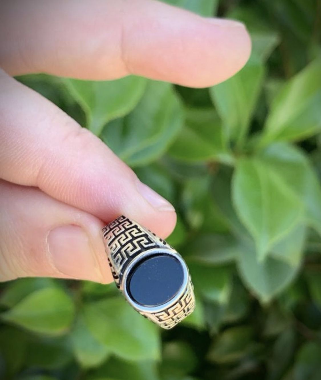 STATELY! Size 9 Solid 925 Sterling Silver GREEK KEY RING Gemstone: Smooth Oval Cut Cabochon Onyx MEN’S WOMEN’S UNISEX