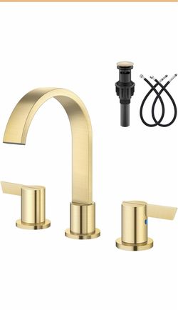 Aolemi Brushed Gold 3 Hole Bathroom Faucet, 8" Widespread Vanity Faucet 2 Handle Waterfall Bathroom Sink Faucet with Pop-Up Drain, Supply Lines,360° S