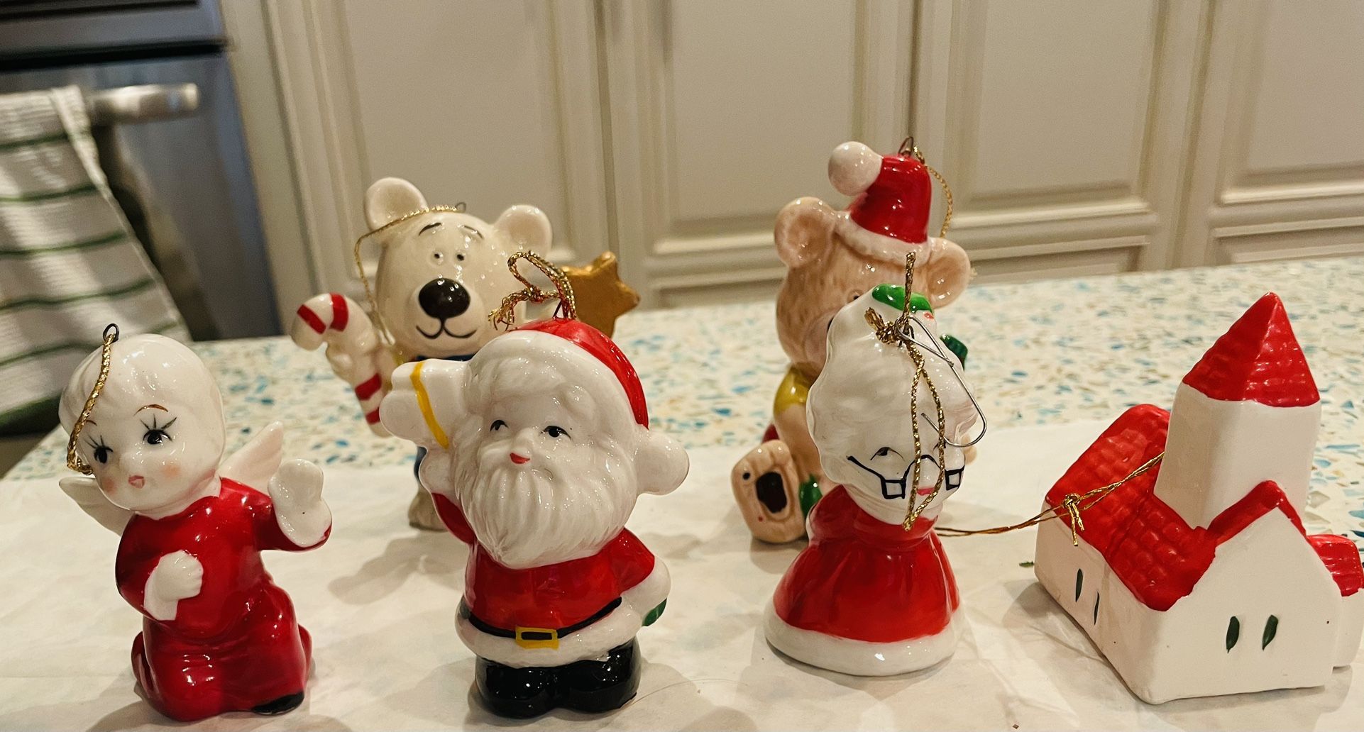 Vintage Genuine Bone China Mr and Mrs Santa , Bears, Church Christmas Ornaments
