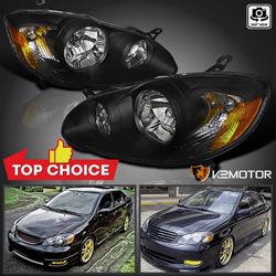 Fits 2003-2008 Toyota Corolla Replacement Black Headlights Headlamps Pair 03-08