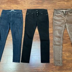 Set Of 3 Women’s Jeans Denim Leather Pants Sz 29/30 Black Brown Blue Biker Style