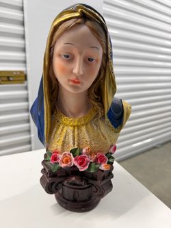 Virgin Mary Bust Statue Blue Gold Veil Pink Roses Religious Decor 12.5 Inch