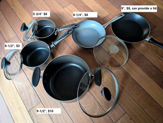 $3 - $10 each, cookware nonstick coated small cooking pots sauce pans skillets decent usable shape