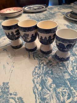 4 antique blue willow egg cups