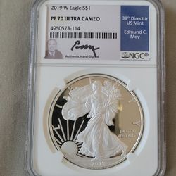 2019 W Silver Eagle PF70 Ultra cameo Signed By The 38 Director US Mint Edmond C Moy