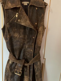 Michael Kors distressed brown leather trench coat vest Dress. Medium