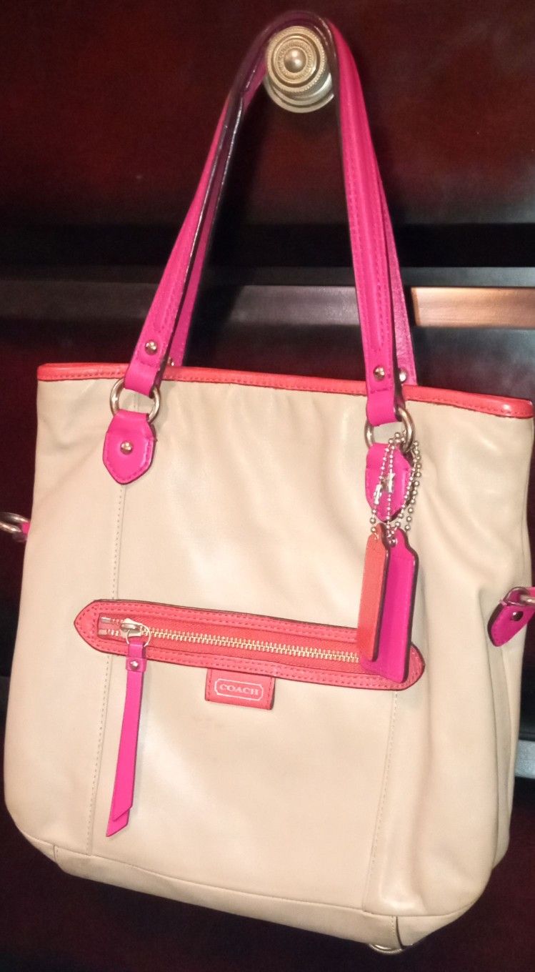 Coach Purse Tan And Pink Leather