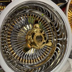 13x7 Luxor Wire Wheels Triple Gold On 155-80-13 Whitewalls 