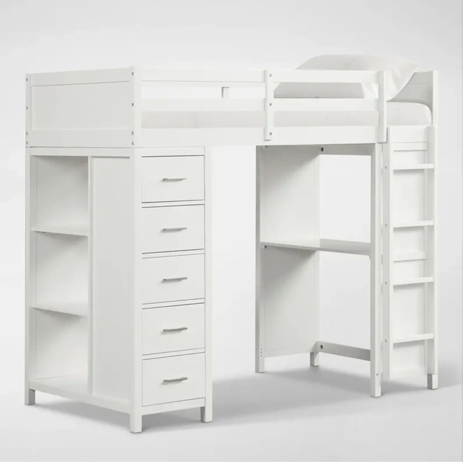 New Loft Bed with Drawers, Shelves, and Desk - White (Can Deliver)