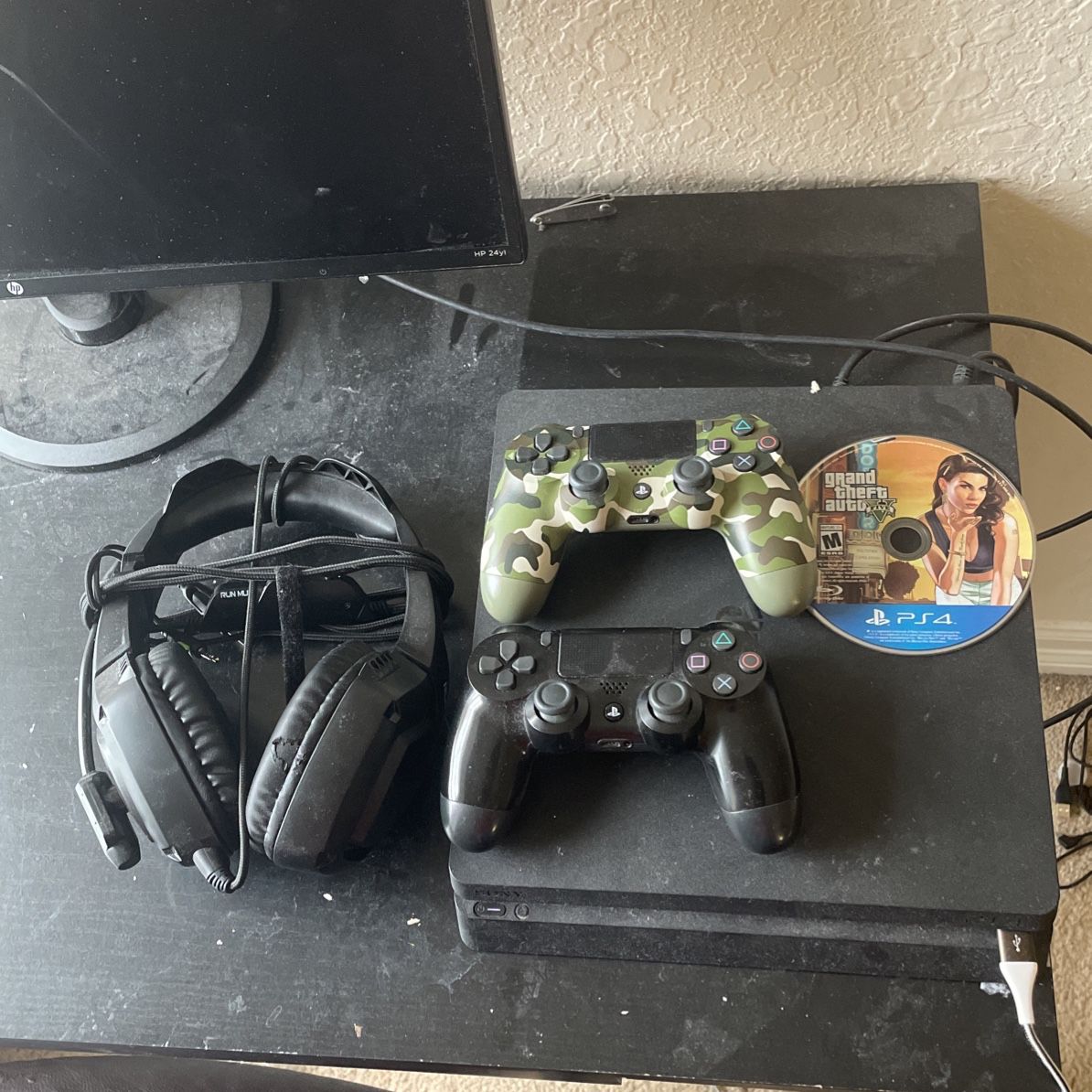 Ps4 w 2 Controllers, Headset, And Gta V, Monitor, Desk And Chair 