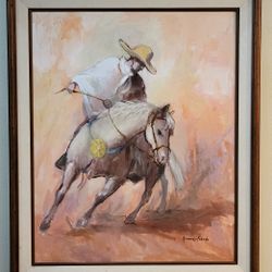 Armando Cabada Cuban Equestrian Rider Vintage Oil Painting 38x45 Original