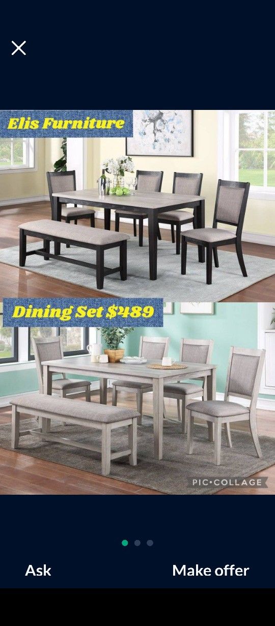 New Dining Set Table 4 Chairs & BenchWhite Wash & GreyBlack & Grey$489 + Tax