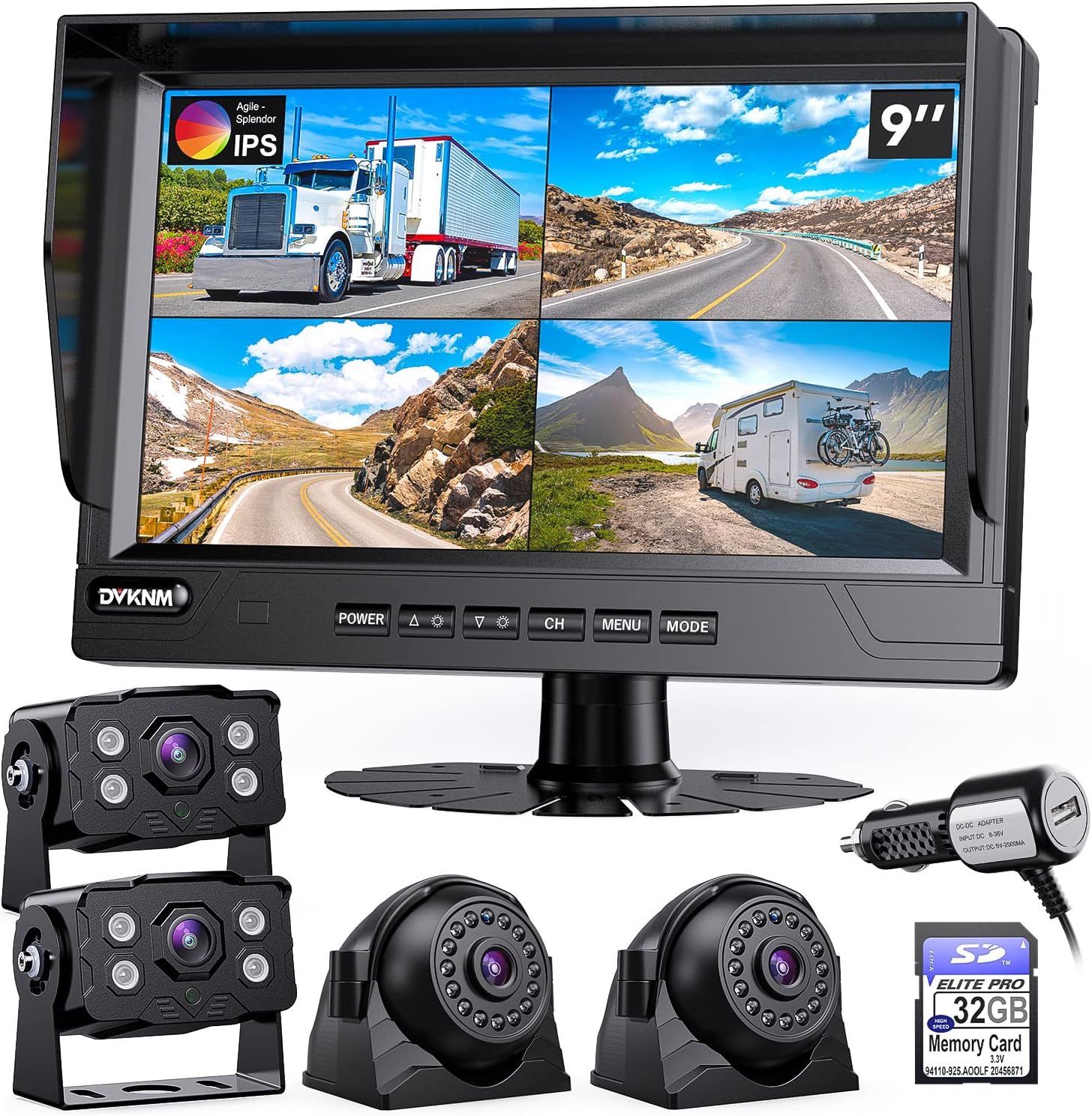 Ultimate 9"" AHD IPS Monitor 1080P HD DVR Recording Quad Split Backup Camera Complete Kit for Car Truck RV IP69 Waterproof Camera Sharp Rear View Spl