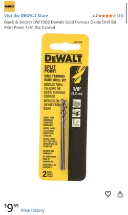 Black & Decker DW1908 Dewalt Gold Ferrous Oxide Drill Bit Pilot Point 1/8" Dia Carded