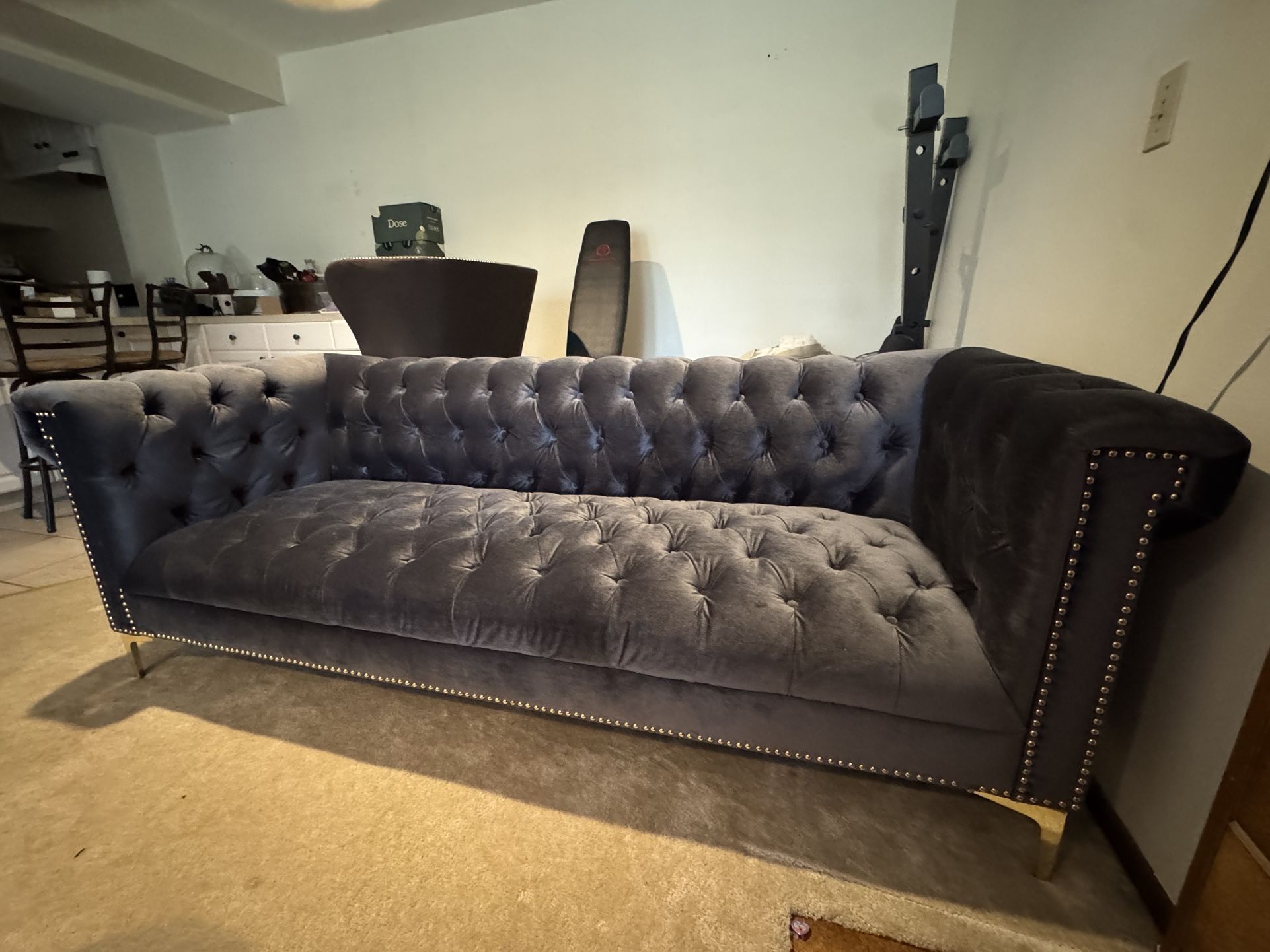 Grey Velvet tufted Sofa w nailhead