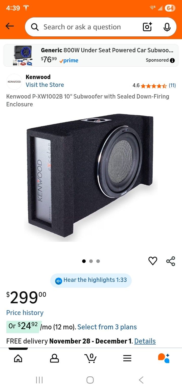 Kenwood P-XW1002B 10" Subwoofer with Sealed Down-Firing Enclosure