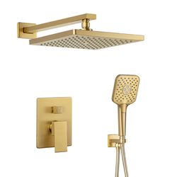 Casta Diva 10" Rain Shower Head with Handheld Spray Bathroom Faucet Set System Valve Included, Square, Brushed Gold | CD-S02G