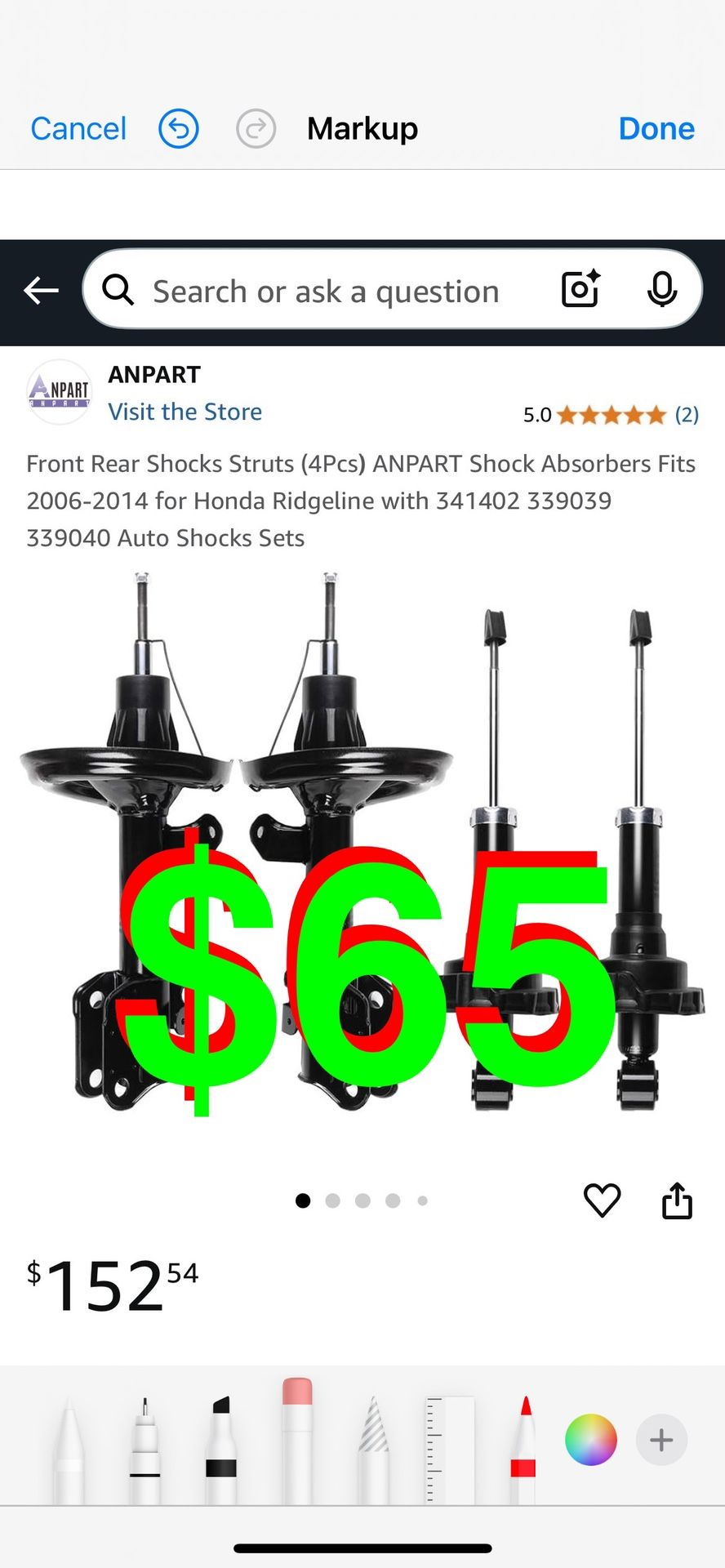ANPART - Front Rear Shocks Struts (4Pcs) ANPART Shock Absorbers Fits 2006*2014 for Honda Ridgeline with 341*402 339*039 339040 Auto Shocks Sets