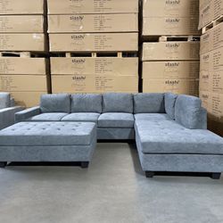 🏷WAREHOUSE CLEARANCE | BRAND NEW 3-piece Fabric Chaise Sectional with Storage Ottoman, Dark Gray 💥