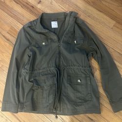 Women's Olive green utility jacket with adjustable waist and pockets size XL