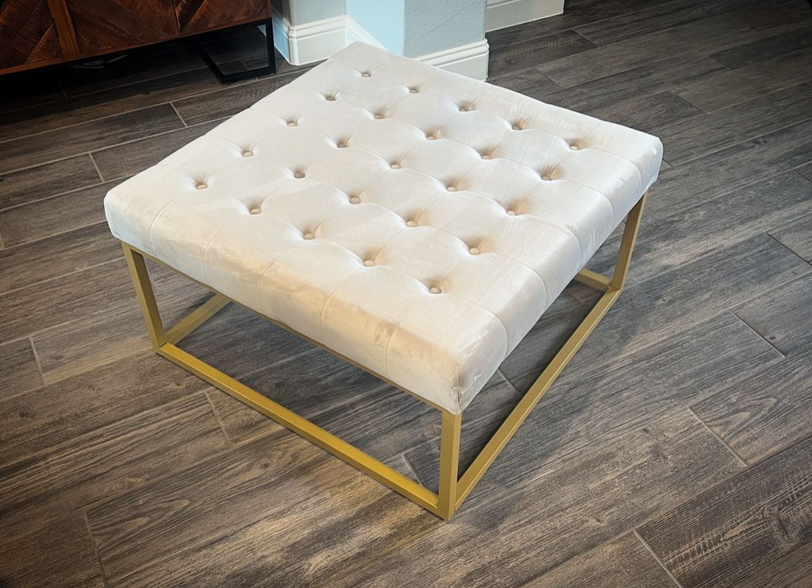 Brand New Taupe Tufted Velvet Ottoman with Gold Metal Base 
