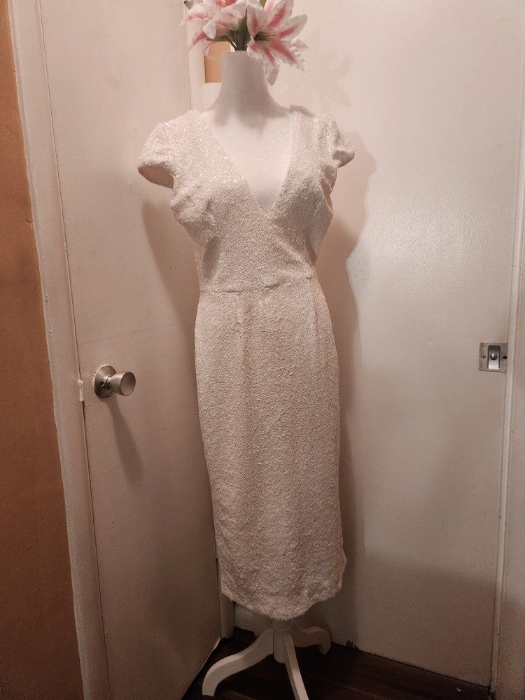 Dress The Population White Sequin Midi V-Neck Dress Sz Medium