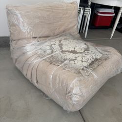 Beige Lounge Chair – Soft, Low Profile, Deep Seat (Wrapped & Like New)