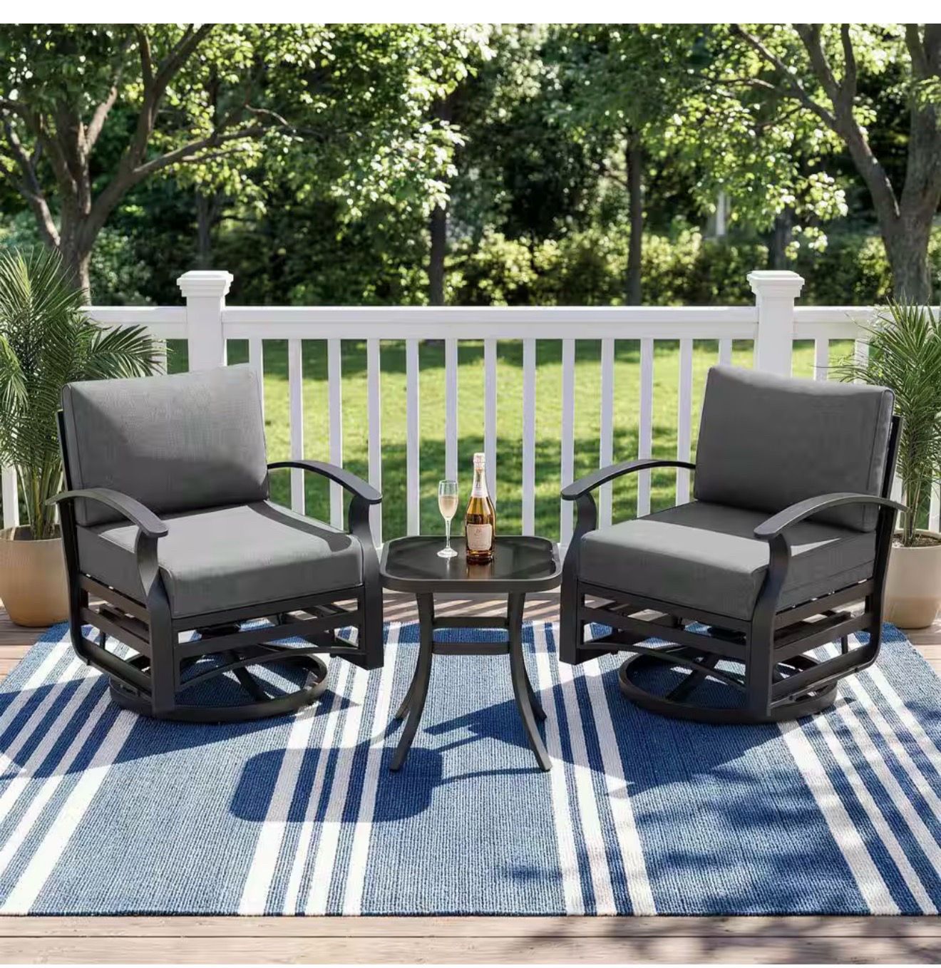 3-Piece Aluminum Swivel Outdoor Rocking Chairs Patio Conversation Set with Gray Cushions and Table, Garden, Backyard