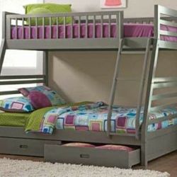 BUNK BEDS Twin Over Full Bunk Bed In Grey FREE MATTRESSES