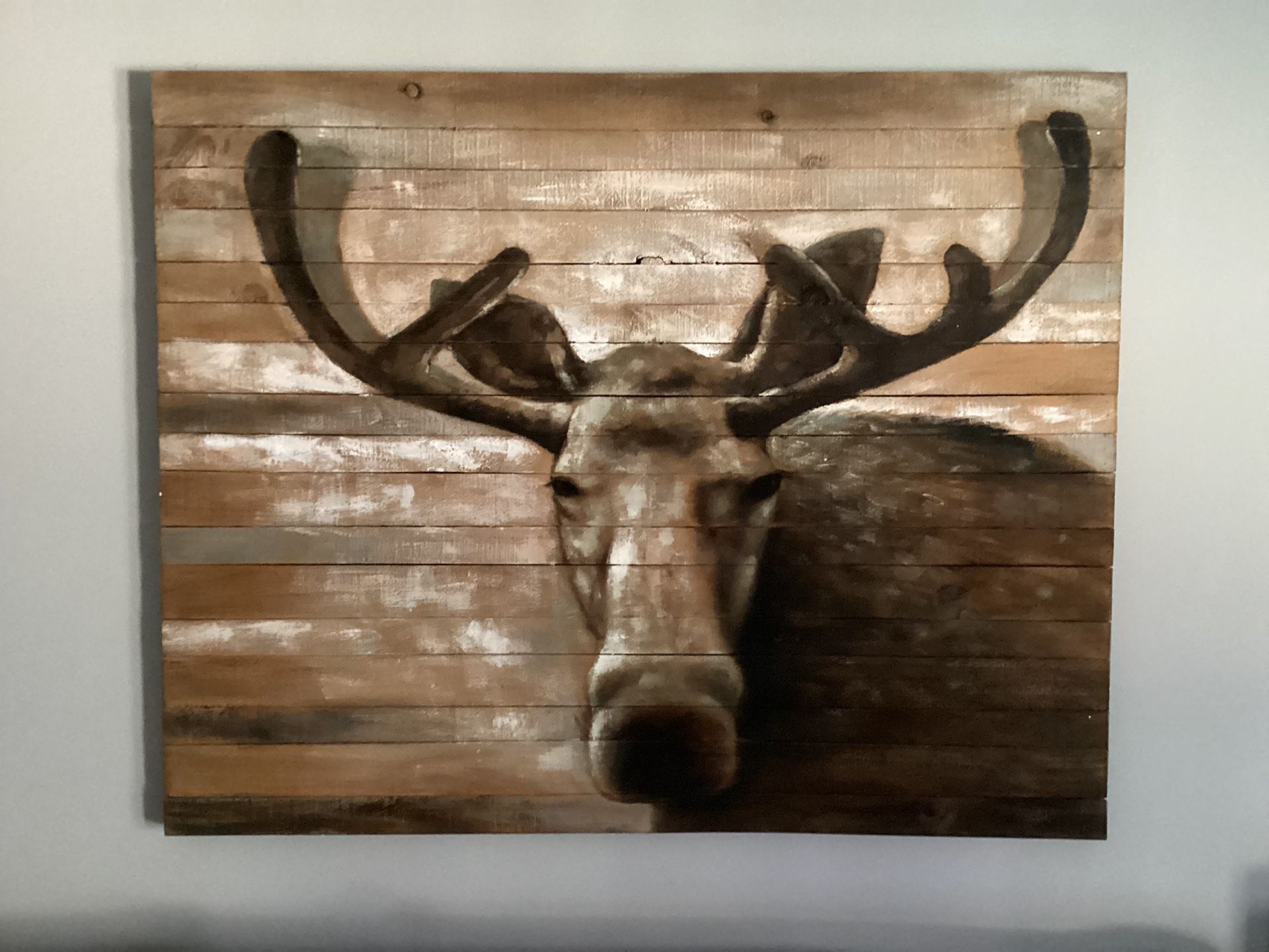 Large Rustic Moose Painting On Wood Plank