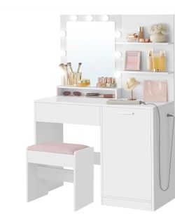 Vanity Desk with Mirror and Lights, 35.4-Inch Wide Makeup Vanity with Upholstered Vanity Stool, Power Outlets, Dimmable LED Lights, Storage Drawer, fo