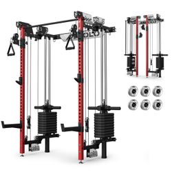 Mikolo Folding Squat Rack, Wall Mounted Power Rack with Cable Crossover Machine & LAT Pull Down, Functional Trainer with 5 Adjustable Function Modes,