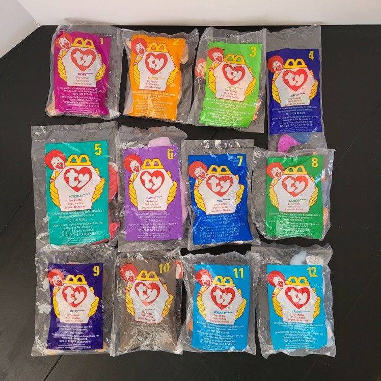 12 McDonalds kids happy meal ty small toy animal beanie babies. Year 1999.
