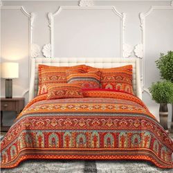 BEDIFANY Cotton Quilts Queen Size Set - Lightweight Bedspreads Queen Size - Soft Colorful Orange Quilted Quilt Bedding Sets (90 * 98 Inch) with 2 Pill