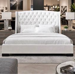 White leather queen bed frame