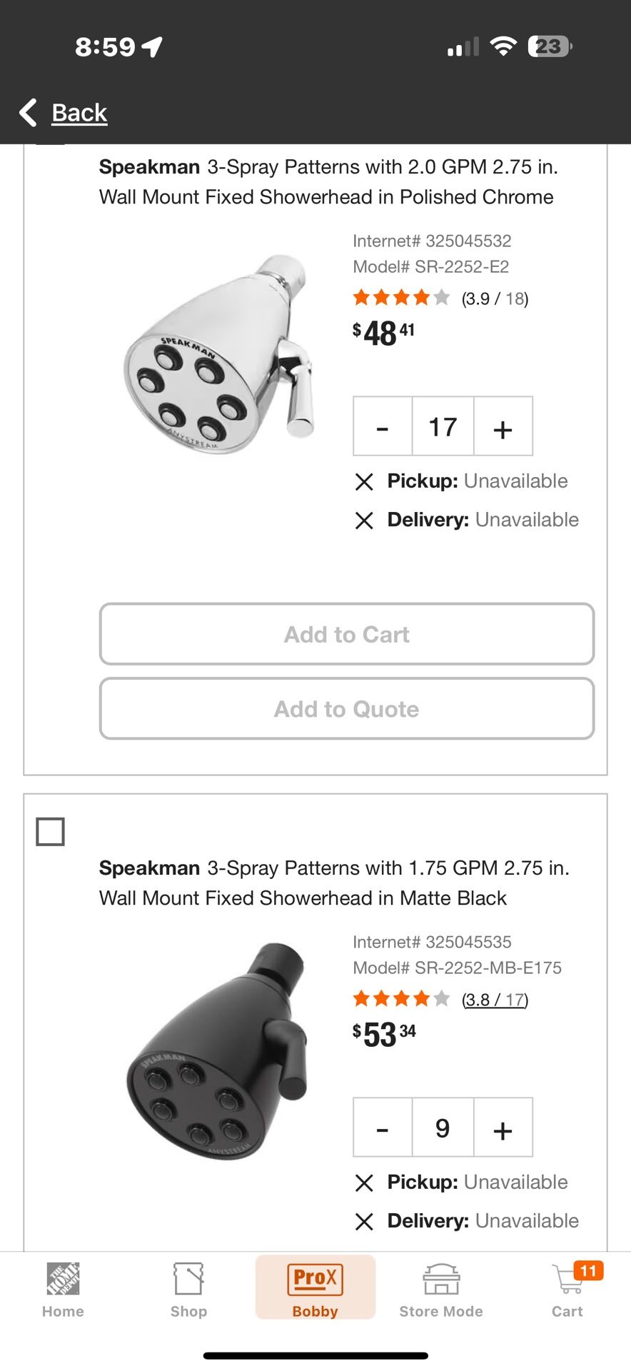 $20 Ea Several Speakman 3-Spray Pattern 2.0 GPM Wall Mount Fixed Showerhead in Polished Chrome 1.75 Matte Black