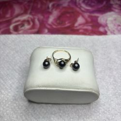 14k Gold Black Tahitian Pearl Diamond Ring And Earrings Set 