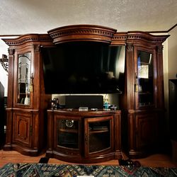 Large Solid Wood Entertainment Center Wall Unit w/ Glass Cabinets