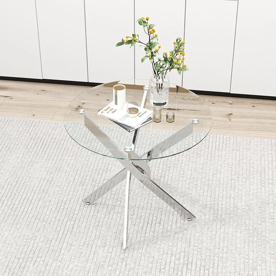 Glass Dining Table Modern Kitchen Table with Silver Metal Legs 31.5 Inch Small Round Dining Table for Apartment Kitchen Dining Room