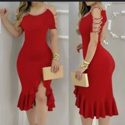 Sexy Cold Shoulder Beaded Strap Formal Dress Bodycon Side Slit Wrap Ruffle Split Hem Cocktail Party Midi Dresses