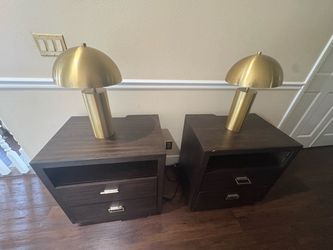 Pair of Dark Wood Nightstands with Gold Lamps