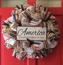 Patriotic deco mesh door wreath