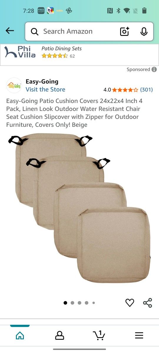 Easy-Going Patio Cushion Covers 24x22x4 Inch 4 Pack, Linen Look Outdoor Water Resistant Chair Seat Cushion Slipcover with Zipper for Outdoor Furniture